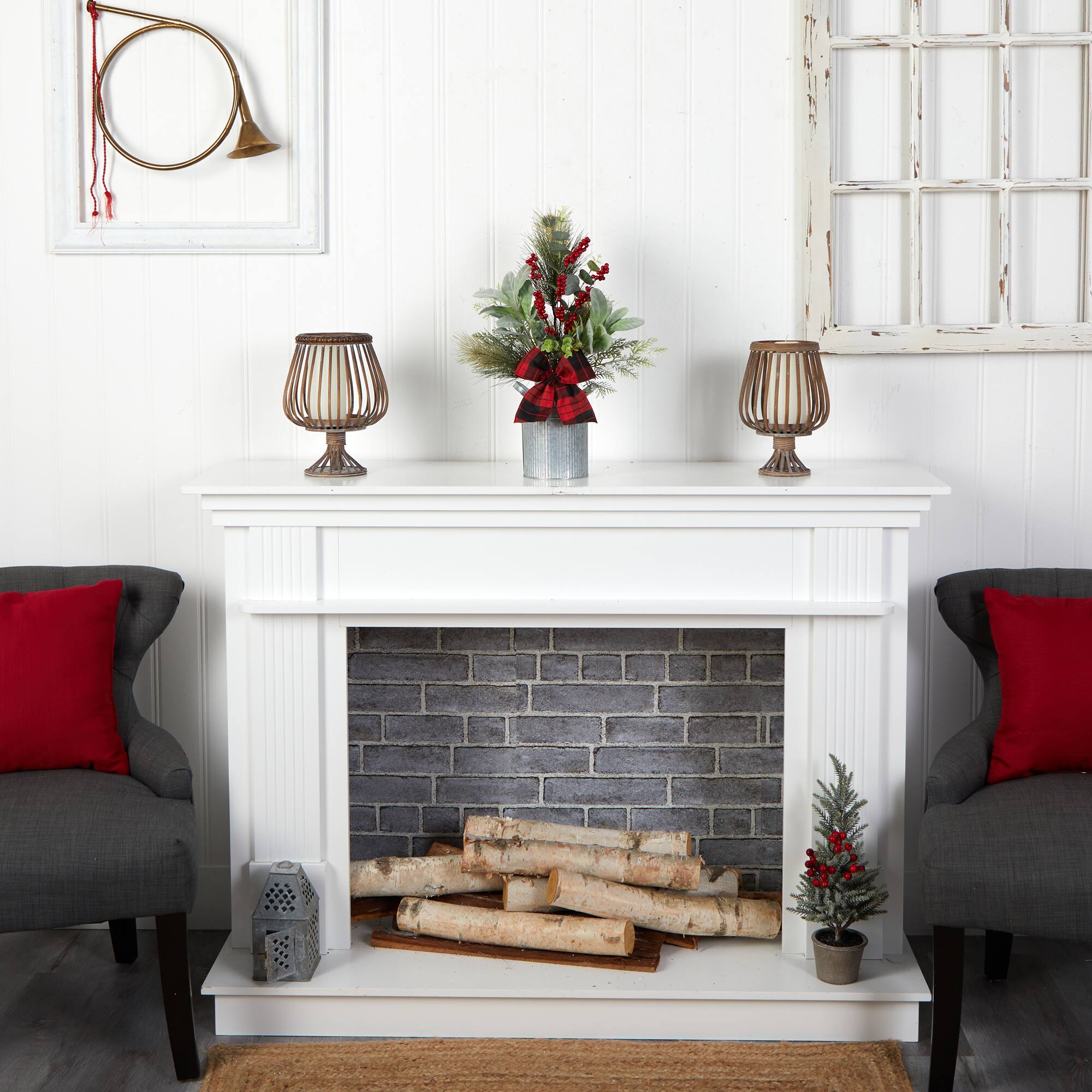 20" Holiday Winter Greenery, Pinecone & Berries with Bow Arrangement